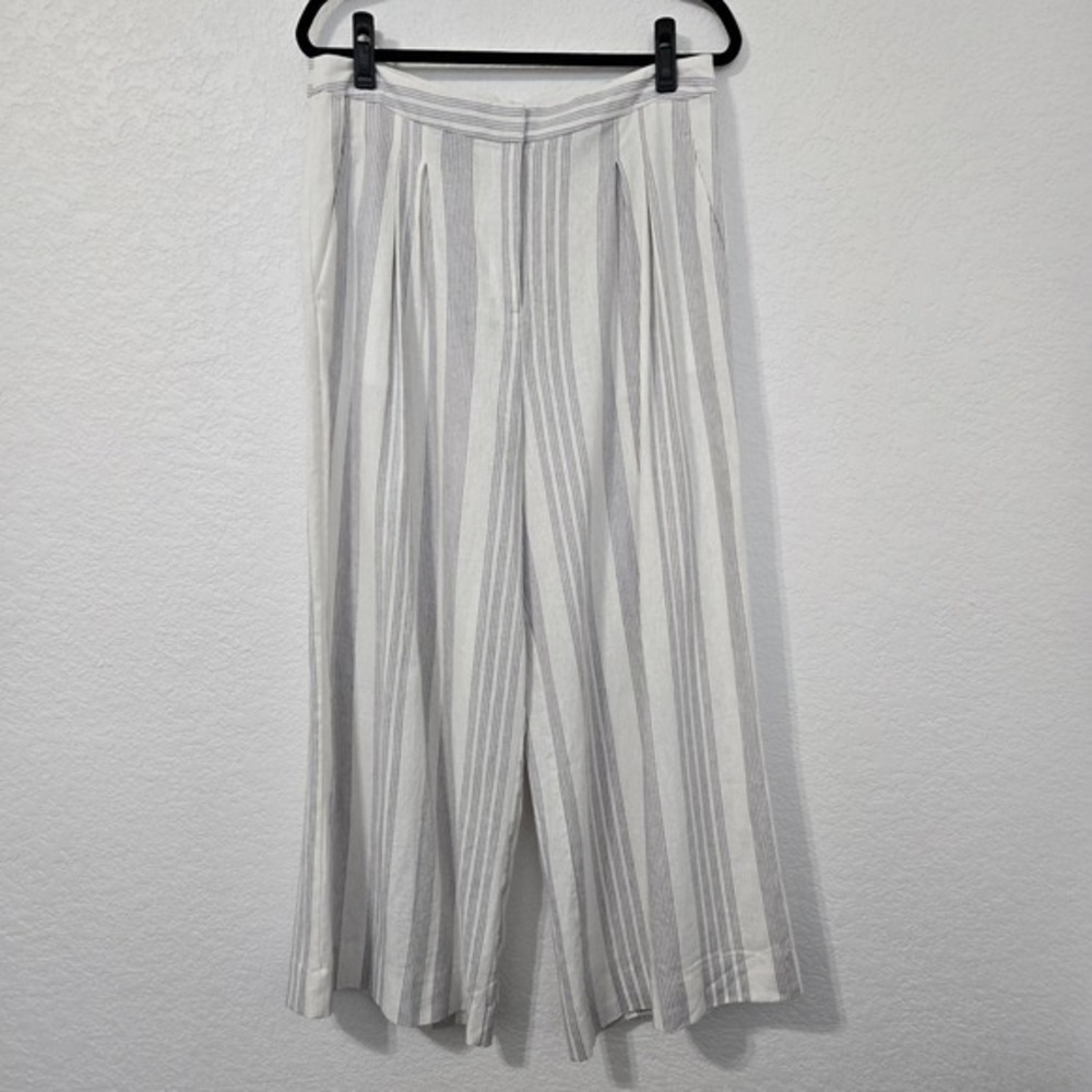 Worthington Women's‎ Cropped Wide Leg Striped Pants Pleated Size 12 Linen Blend
